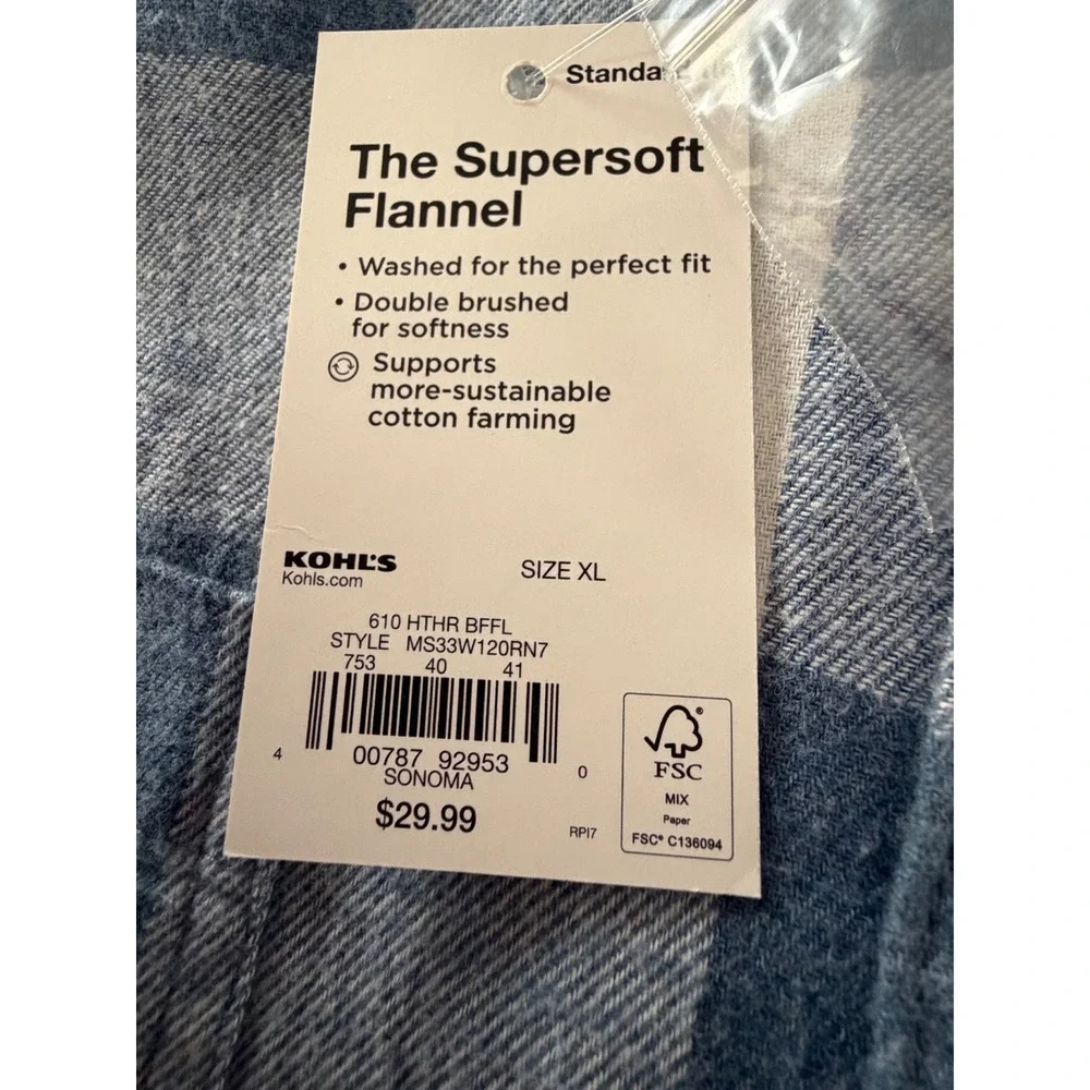 Sonoma Supersoft Flannel Shirt Mens XL Blue White Buffalo Plaid MS33W120RN7 NEW